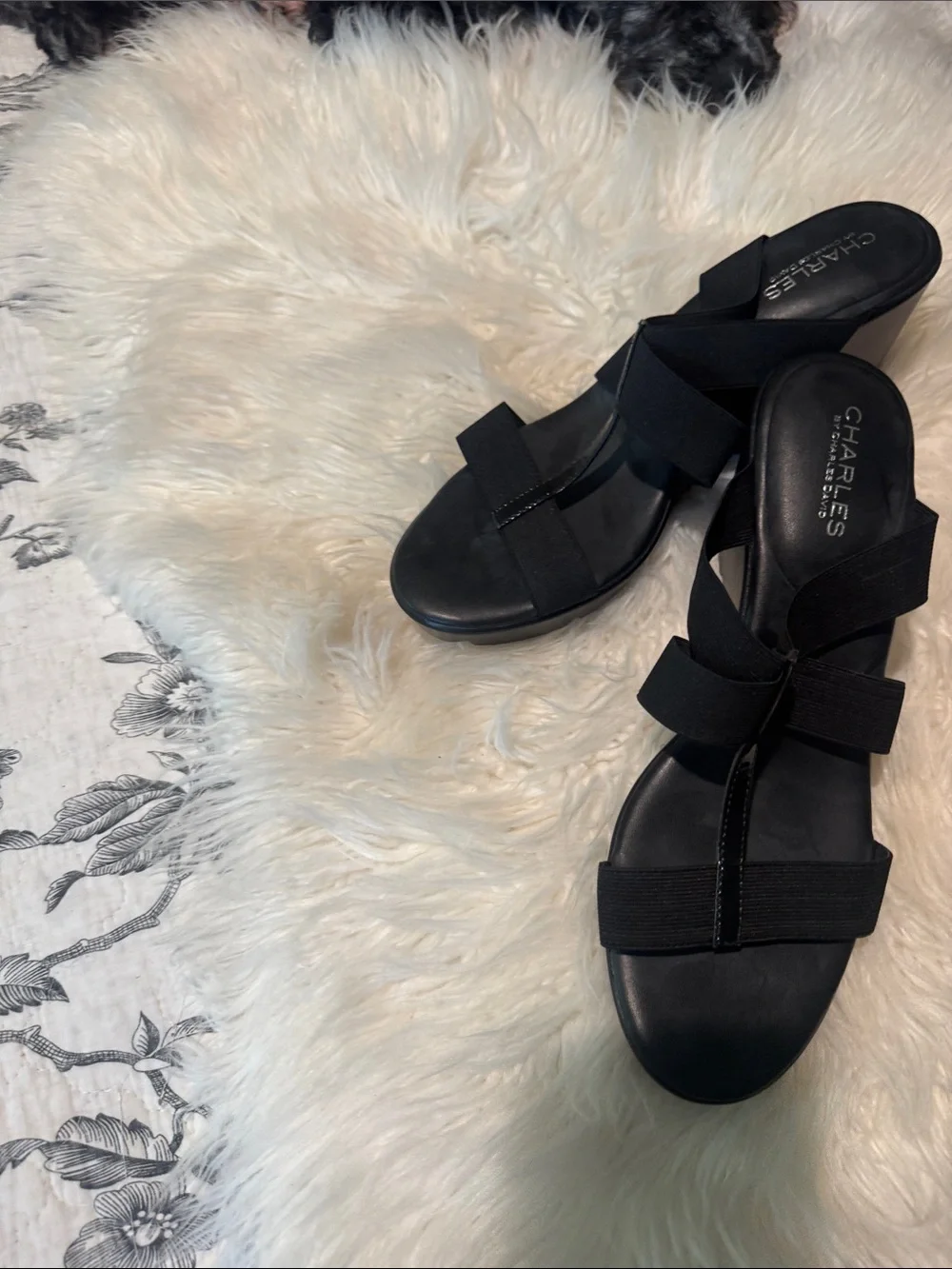 Charles by Charles David Black Elastic Strap Wedge Sandals 9.5